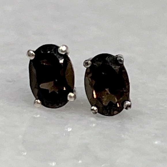 Brazilian Smoky Quartz Oval Faceted Sterling Silver Stud Earrings - Picture 1 of 6